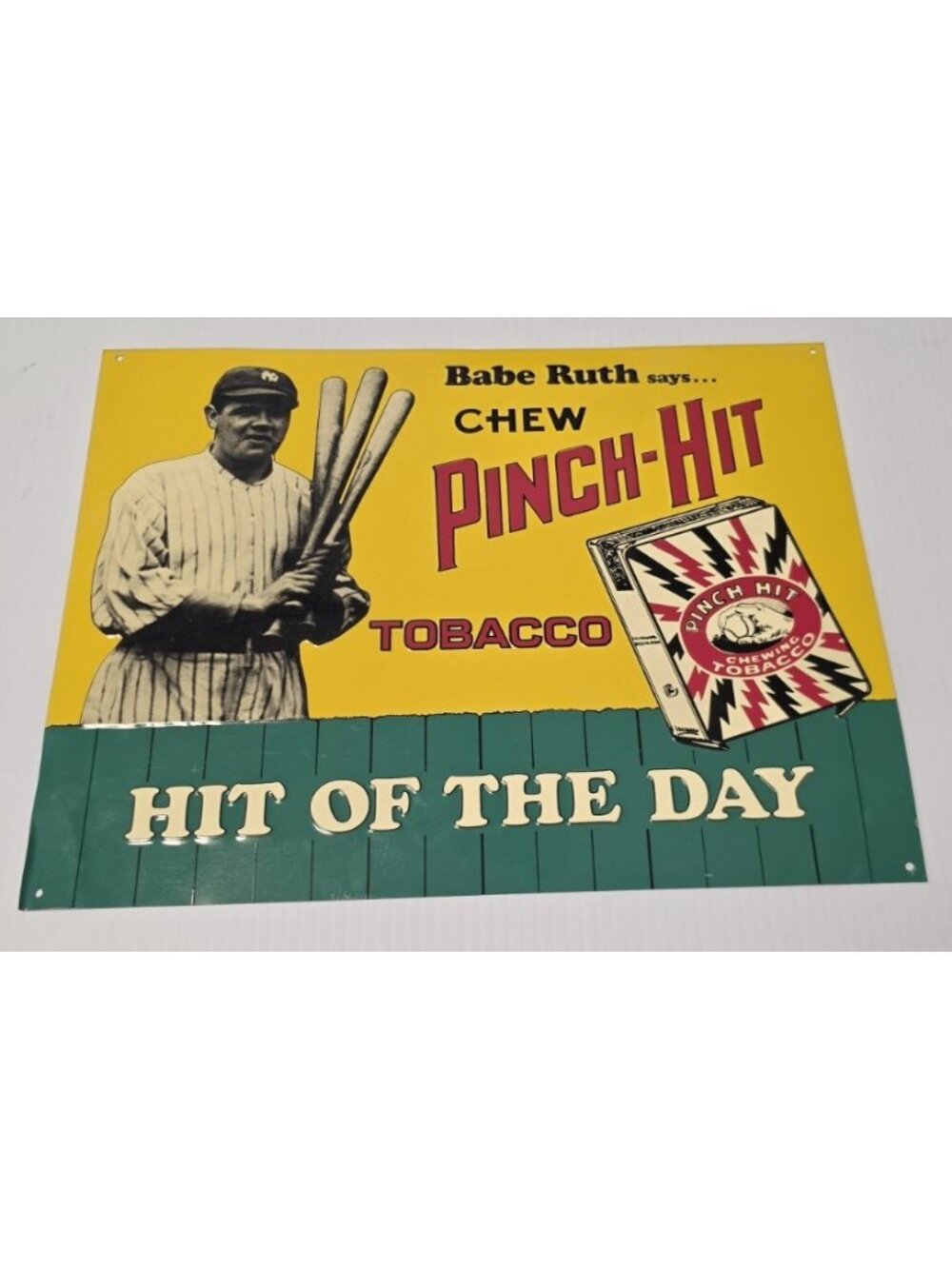 Vintage Babe Ruth Says Chew Pinch Hit Tobacco Metal Sign 11x14